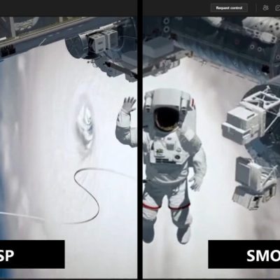 Image of astronaut in space, with the image divided into two sections: smooth and crisp