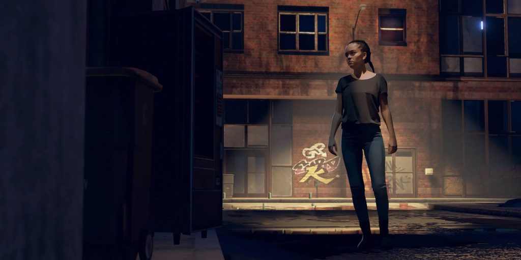 A girl walks on the street in a video game