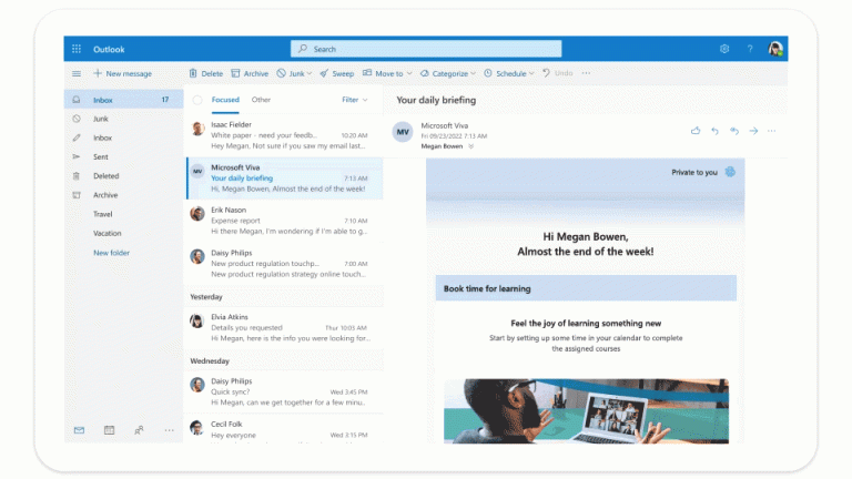 Outlook window with briefing email scrolling and clicking on buttons to book time for learning, confirming topics, booking meeting recap time, and booking time to take a break