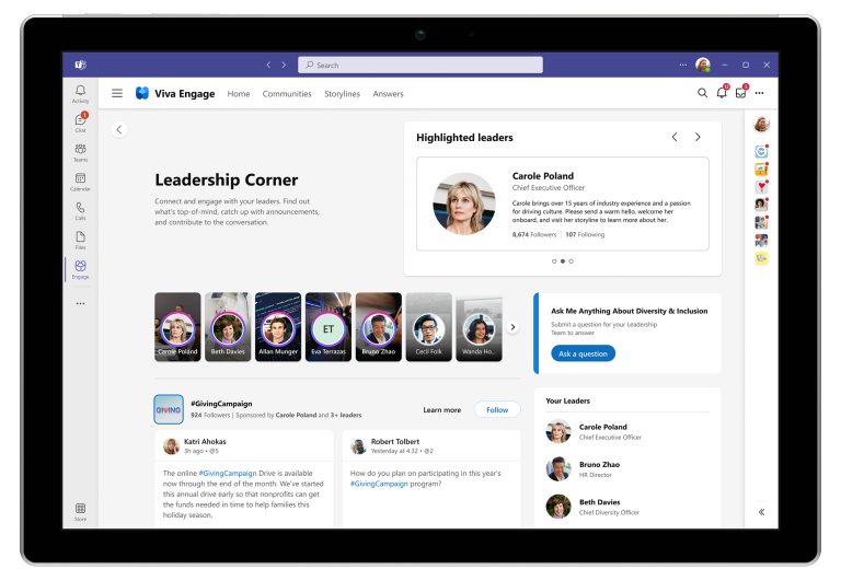 Teams window with Leadership Corner homepage on a tablet showing highlighted leaders, stories, campaigns, and Ask Me Anything