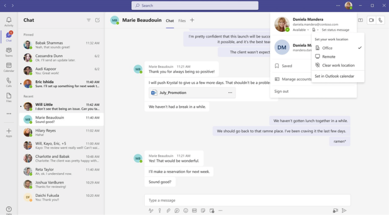 Displaying work hours and location in Microsoft Teams