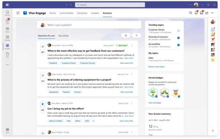Screenshot shows recommended questions, trending content, and badges you’ve earned in Viva Engage
