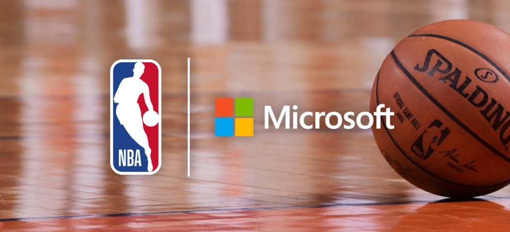 Logos for the NBA and Microsoft alongside a basketball