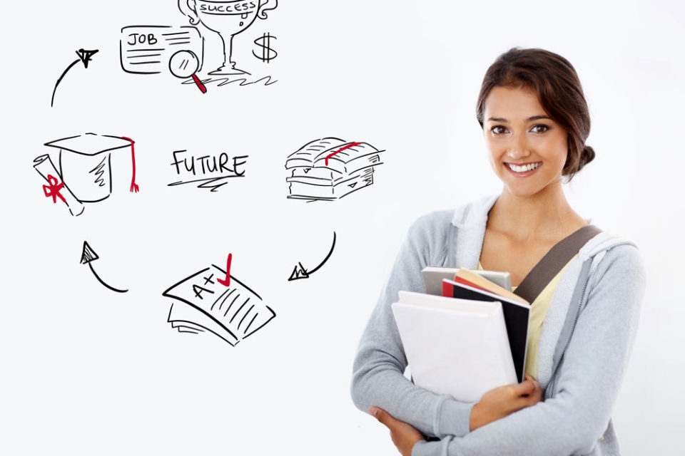 A female student on a white background with a graphical representation of job search.