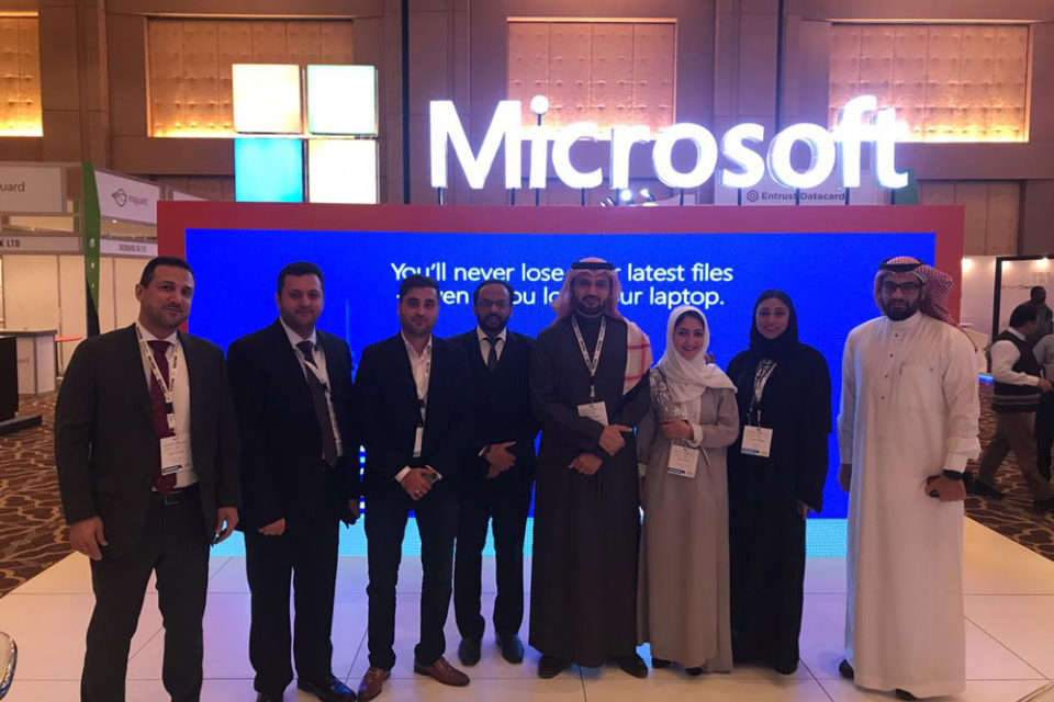 Group photo of people at the Microsoft stand during MEFTECH 2019