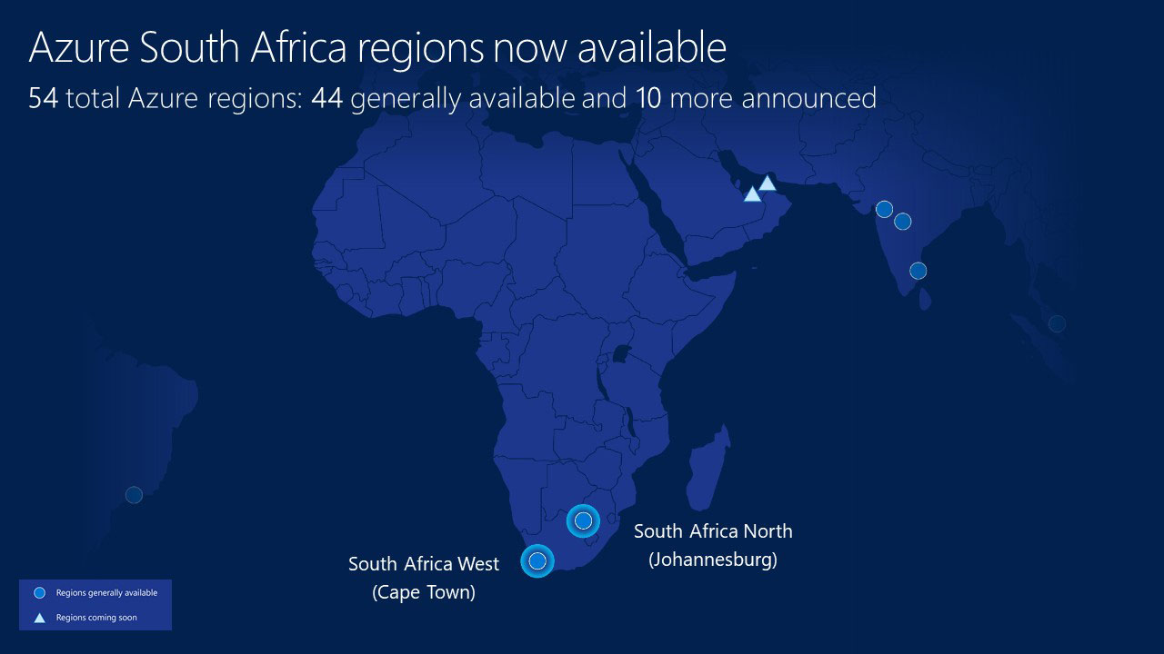 Blue map of African continent featuring Microsoft datacentre locations