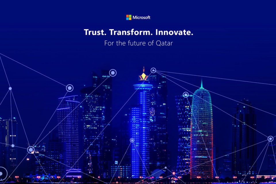 Image of Qatar’s Skyline with text highlighting Microsoft’s theme at QITCOM