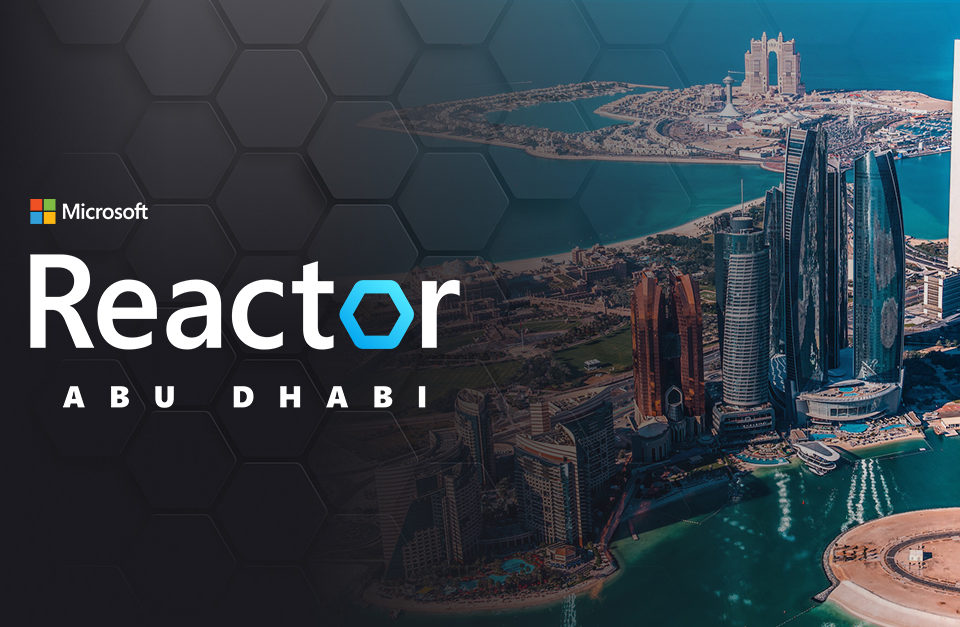 Microsoft Reactor logo with UAE skyline in the background.