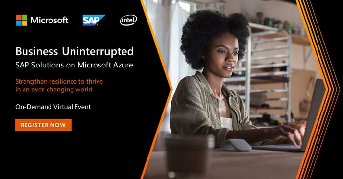 SAP on Azure event banner with a woman looking at a laptop screen