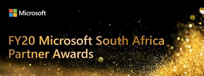 Black and gold banner written “Microsoft South Africa FY20 Microsoft Partner Awards”