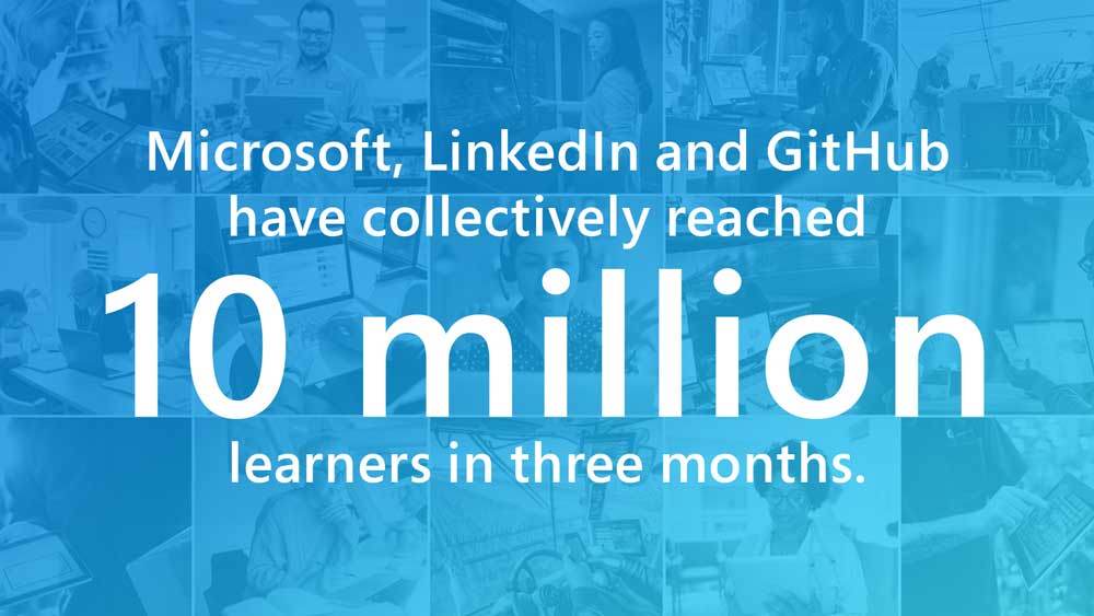 A blue image with text saying “Microsoft, LinkedIn and GitHub have collectively reached 10 million learners in three months.”