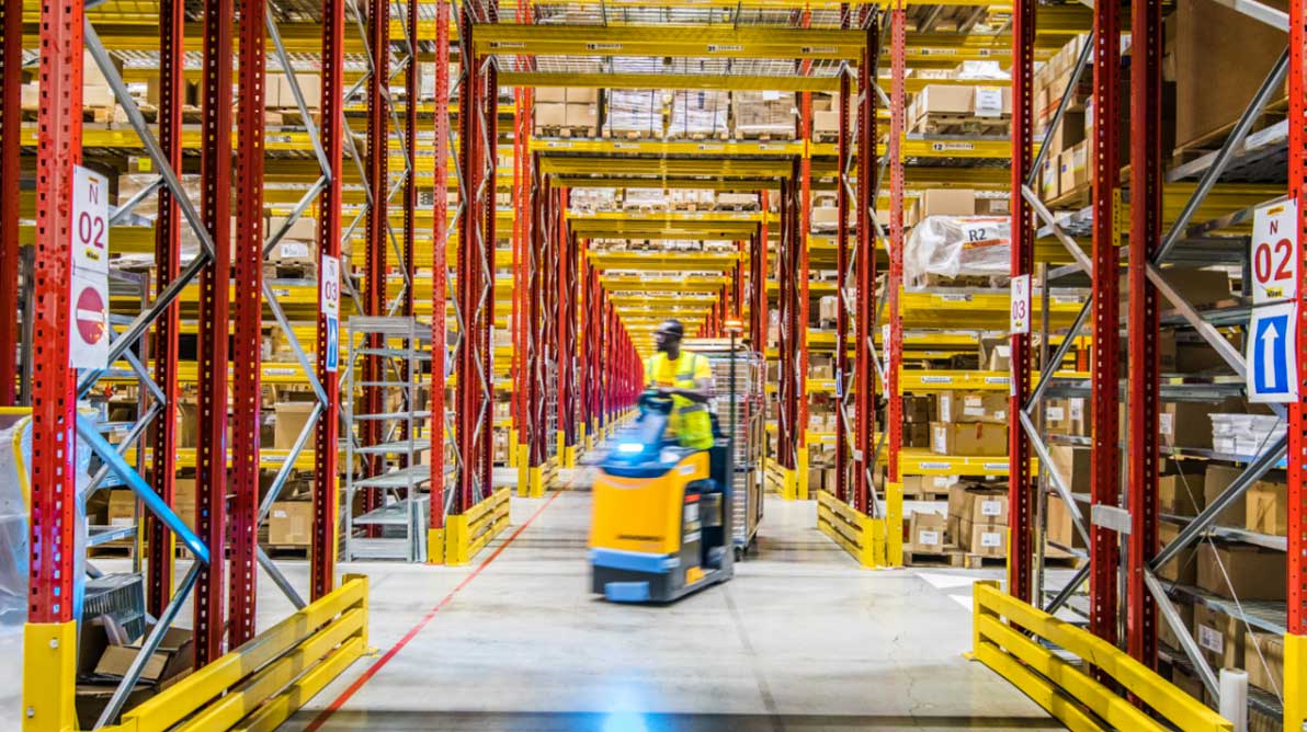 A forklift driver at one of DHL’s warehouses in Beringe, the Netherlands
