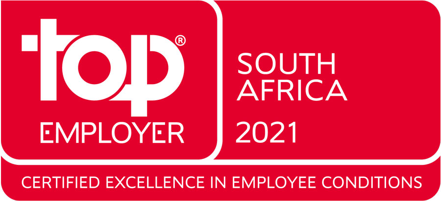 Top Employer red and white logo, written “Top Employer South Africa 2021, Certified in Employee Conditions