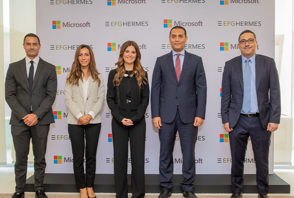 Group photo left to right: Microsoft team, Shaddy Naggar, Nesma Mounir and Mirna Arif , EFG Hermes group CIO Mohamed Sayed Lotfy and EFG Hermes group COO Mohamed Wakeel