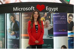 A picture for Mirna Arif stands in front of Microsoft booth in Cairo ICT 2021