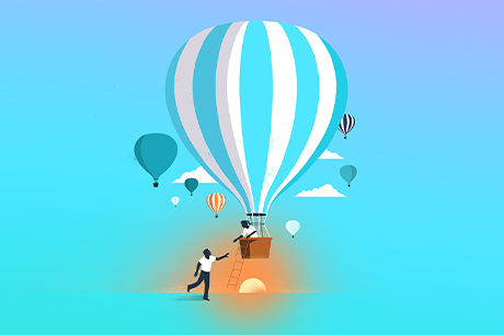 Illustration of hot air balloons ascending into the sky. A person running toward a balloon that is taking off receives a helping hand from another person who is already in the basket of the balloon