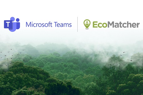 The Microsoft Teams and EcoMatcher logos above a massive forest of trees. 