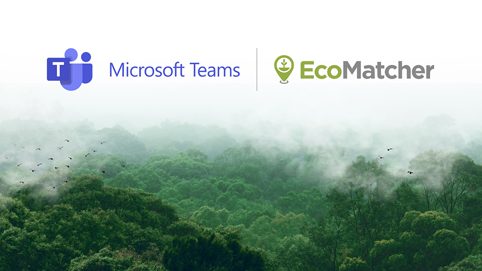 The Microsoft Teams and EcoMatcher logos above a massive forest of trees.