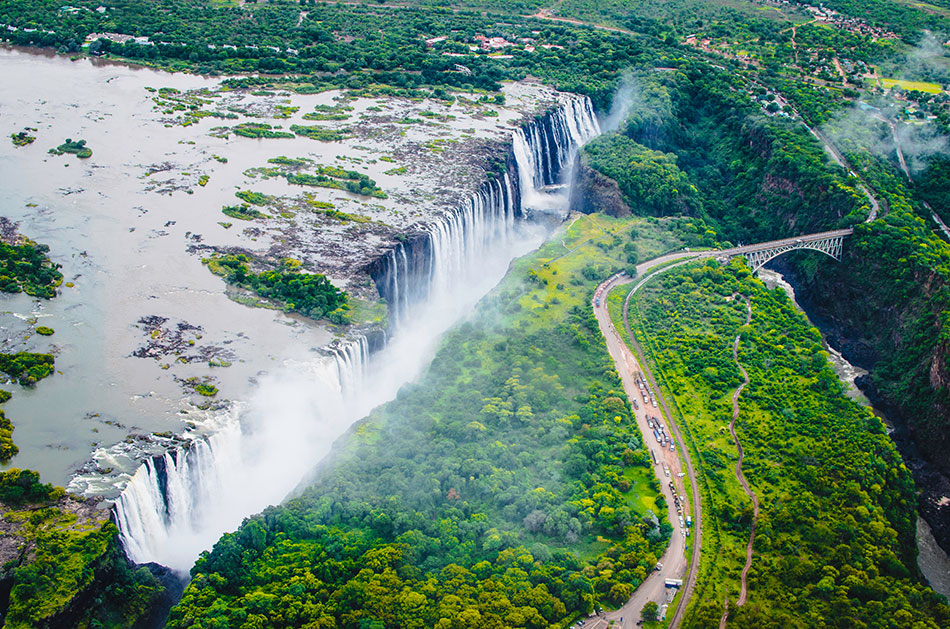 A bird’s eye view of Victoria Falls on the border between Zambia and Zimbabwe.