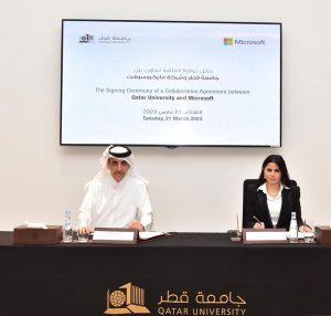 Dr. Khalid Al-Khater, QU Vice President of Administrative and Financial Affairs and Lana Khalaf, General Manager, Microsoft Qatar signing the Education Transformation Agreement