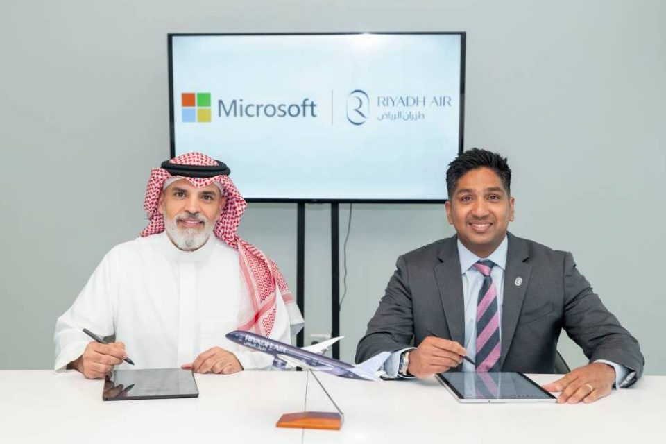 Adam Boukadida, Chief Finance Officer, Riyadh Air and Turki Badhris, Head of the Public Sector and Acting General Manager at Microsoft Arabia during the signing ceremony.