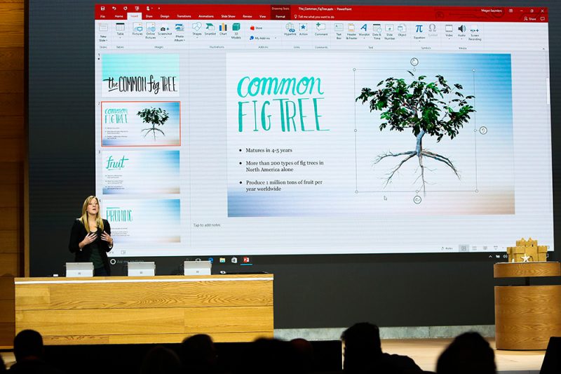 Heather Alekson, demonstrates the 3D capabilities of 3D in Windows 10 shown in a PowerPoint presentation at Microsoft’s October event.