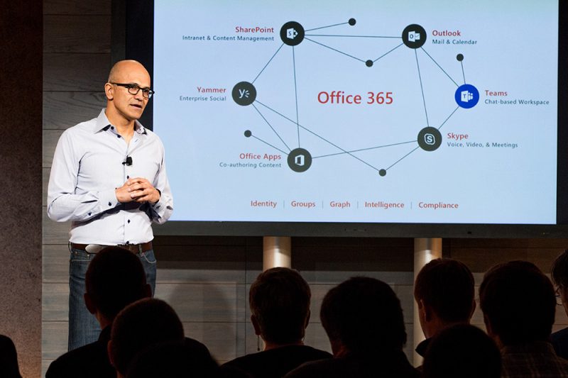 Chat-based work space in Office 365 Microsoft Teams is announced by Microsoft CEO Satya Nadella.