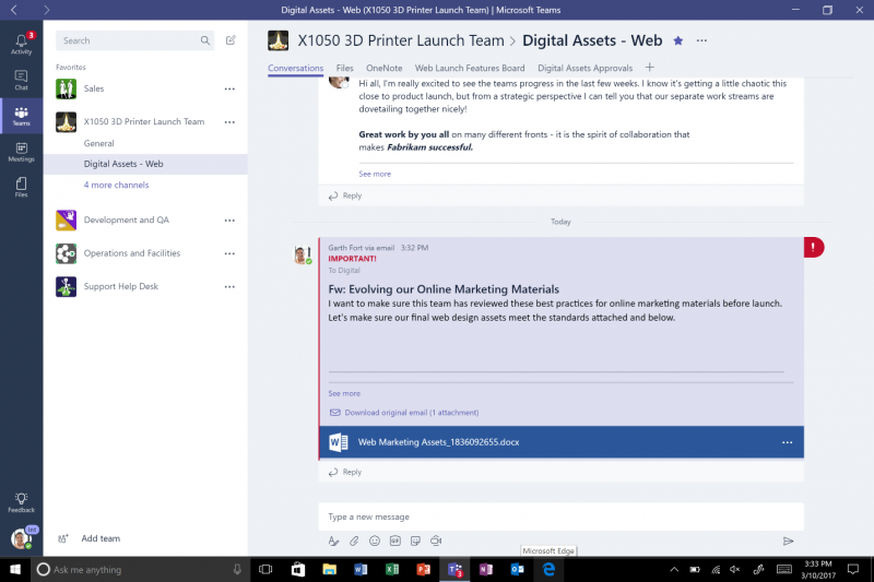 Move conversations from email into Microsoft Teams with rich formatting, including attachments.