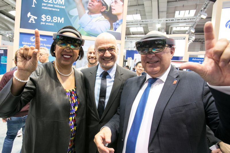 Toni Townes-Whitley (L), Microsoft corporate vice president, Worldwide Industry; Caglayan Arkan, Microsoft general manager, Worldwide Industry and Resources at Microsoft; and Tadeusz Kościński, Deputy Minister of Economic Development, Poland, at the Microsoft booth at HMI 2017.