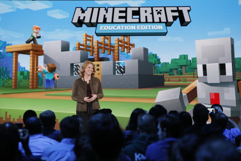 Deirdre Quarnstrom, Director of Minecraft: Education Edition demonstrates the new Code Builder feature at the Microsoft Education event at Center 415 on Tuesday, May 2, 2017, in New York. (Andrew Kelly/AP Images for Microsoft)