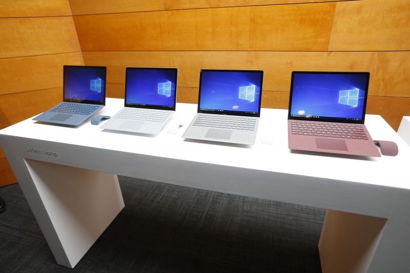 New Surface Laptop devices are displayed at the Microsoft Education event at Center 415 on Tuesday, May 2, 2017, in New York. (Jason DeCrow/AP Images for Microsoft)