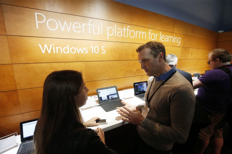 Jay Paulus, Senior Director of Microsoft Education Marketing discusses Windows 10 S at the Microsoft Education event at Center 415 on Tuesday, May 2, 2017, in New York. (Jason DeCrow/AP Images for Microsoft)