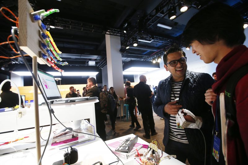 Ankur Anand shows Hacking STEM projects to media at the Microsoft Education event at Center 415 on Tuesday, May 2, 2017, in New York. (Jason DeCrow/AP Images for Microsoft)