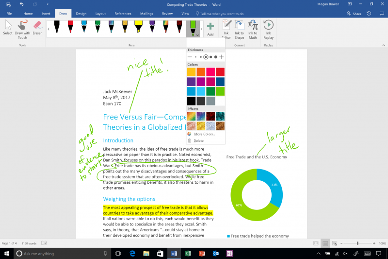 Office apps now include a customizable gallery for your favorite pens, pencils and highlighters, which automatically roams with you across apps and devices. This means your personalized inking tools stay handy wherever you work.