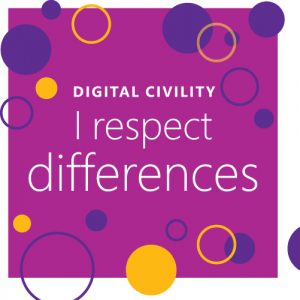 Image of red square sticker that says digital civility I respect differences