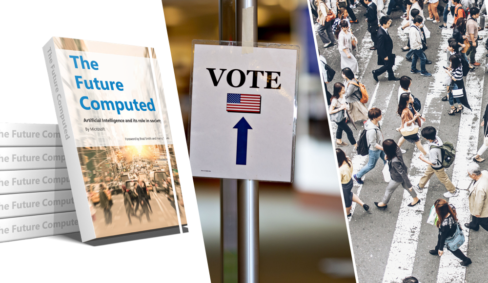 future computed book, vote sign, people crossing a street