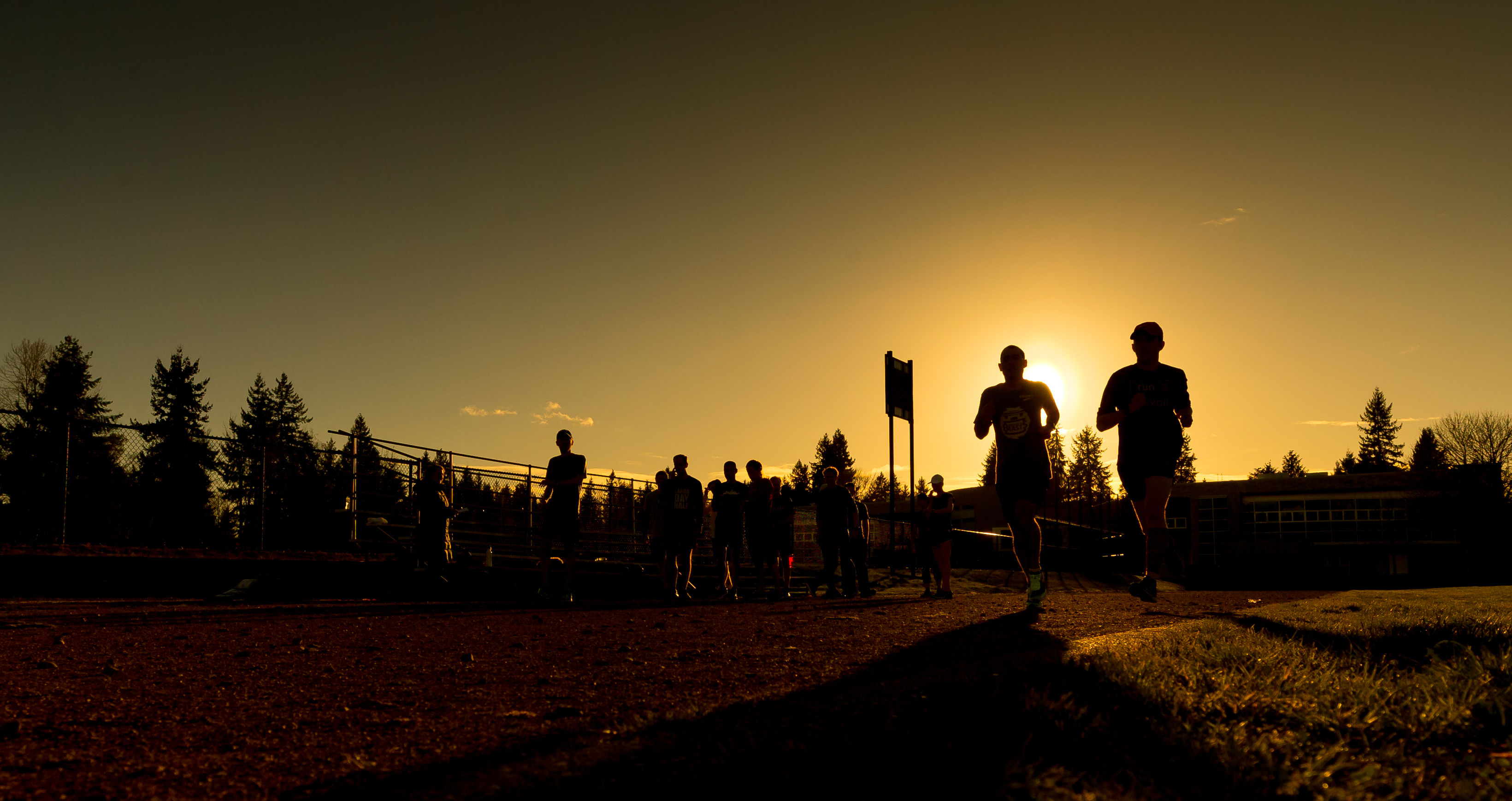 photo showing shadows of two men running together into the golden light of the setting sun