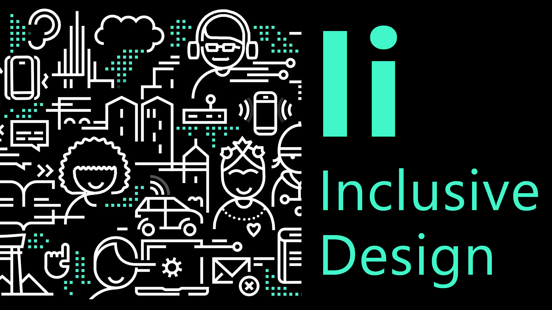 I is for inclusive design. Various doodles of work life including cars, buildings and avatars.