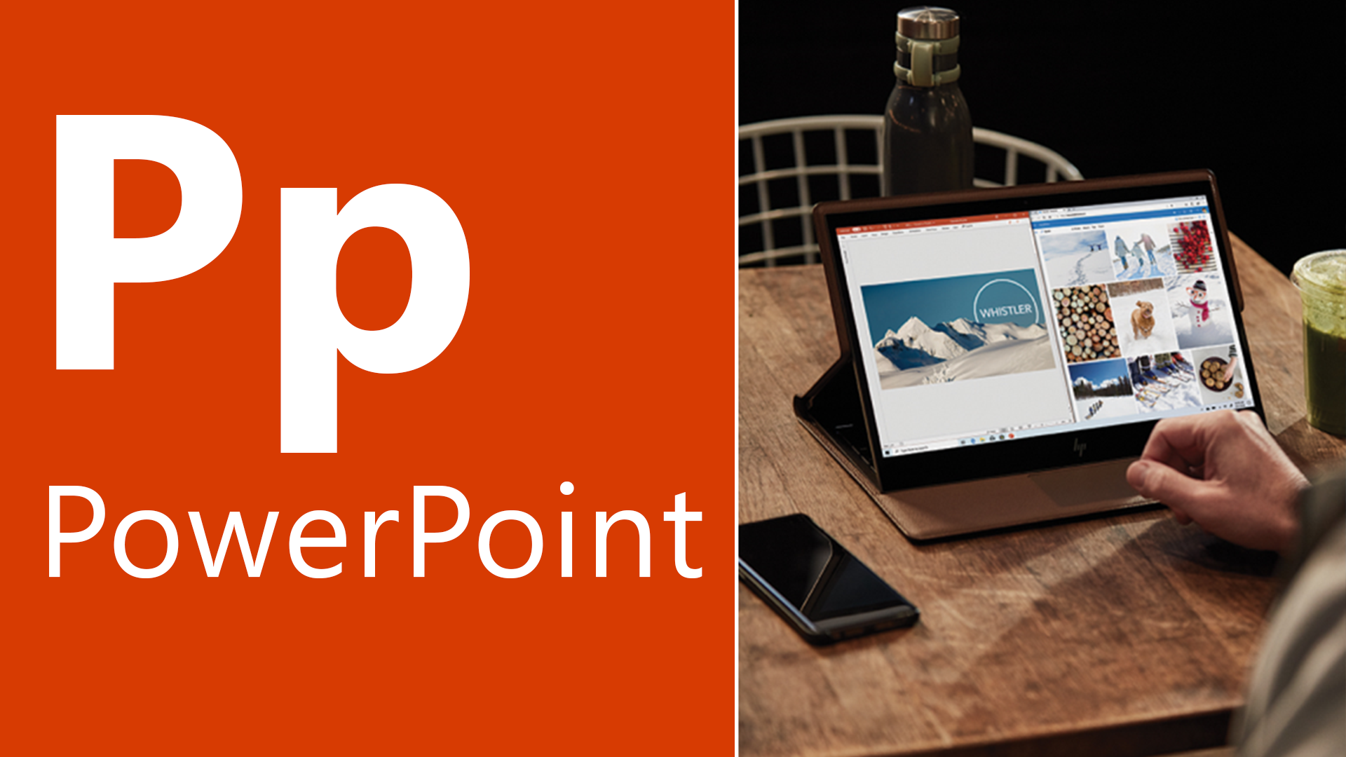 P is for PowerPoint. Person works on their PowerPoint presentation in a café. 