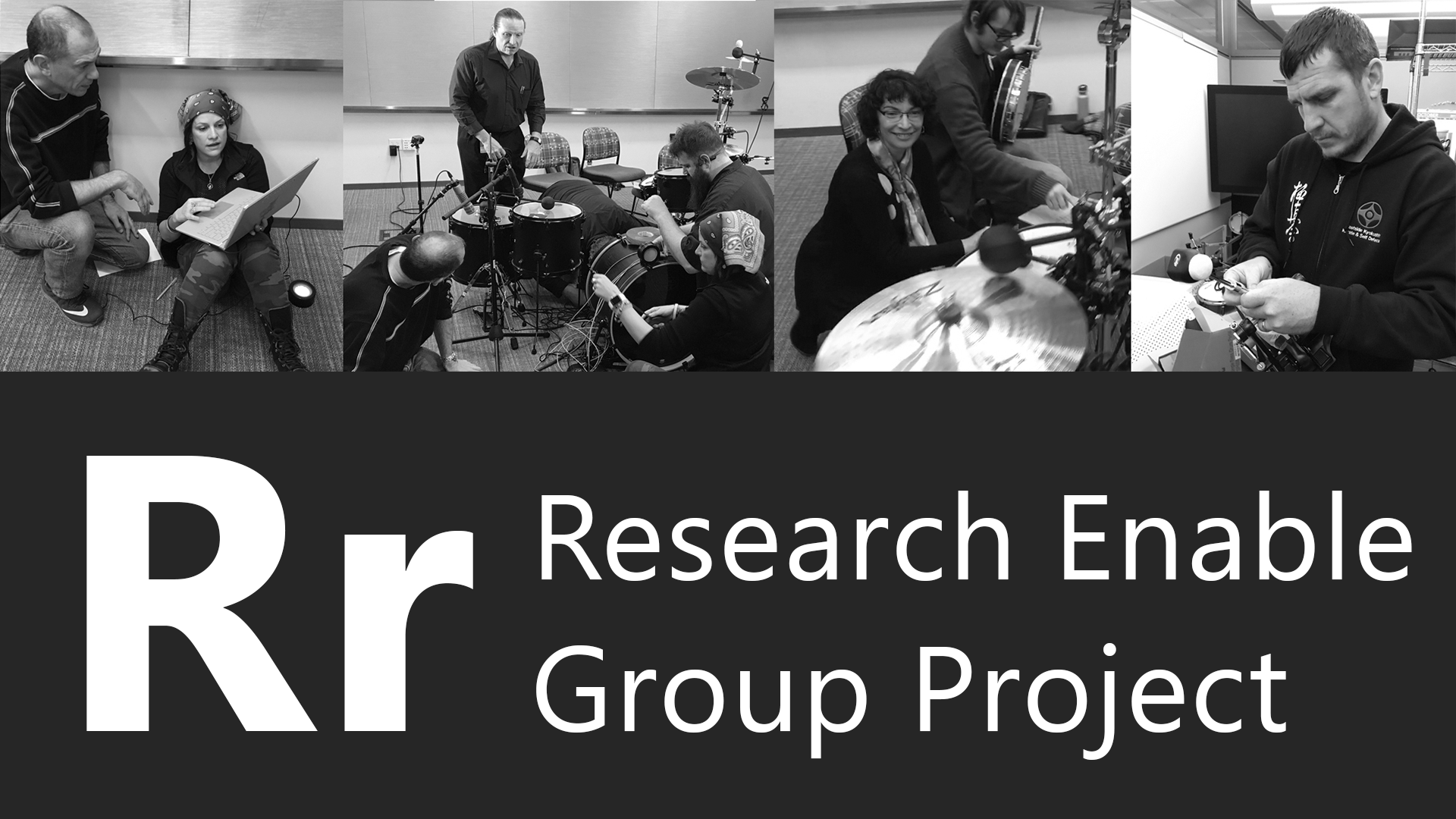 R is for research enable group. Members of the research enable group project work on their products. A man and woman look at a laptop, multiple members adjust a drum set and measure sound.