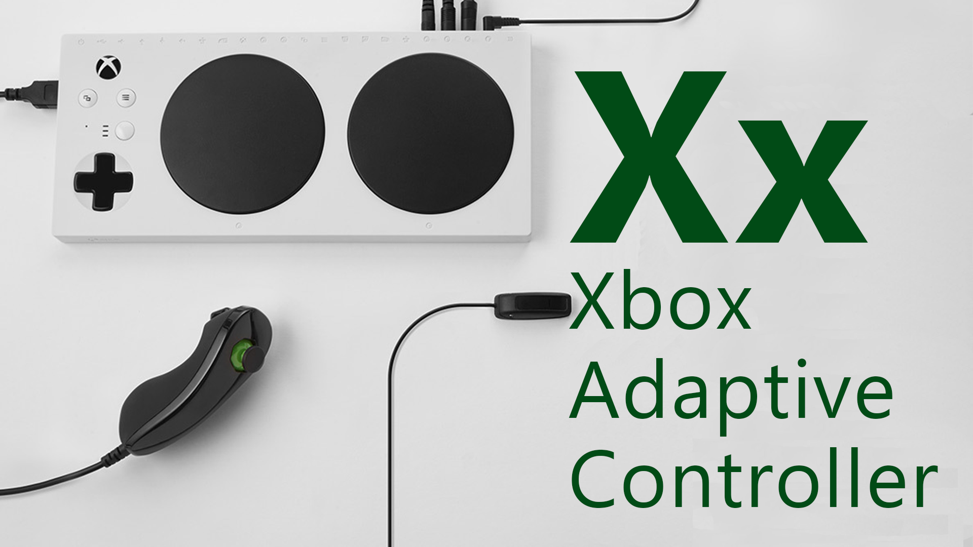 X is for Xbox adaptive controller. Photo of the Xbox adaptive controller and its PDP one-handed joystick. 