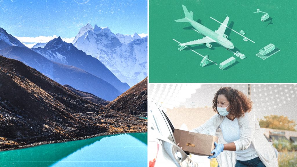 A collage of mountains, planes and someone in a mask using a computer
