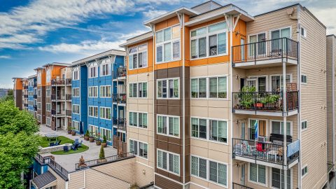 a row of colourful apartments in Renton, Washington