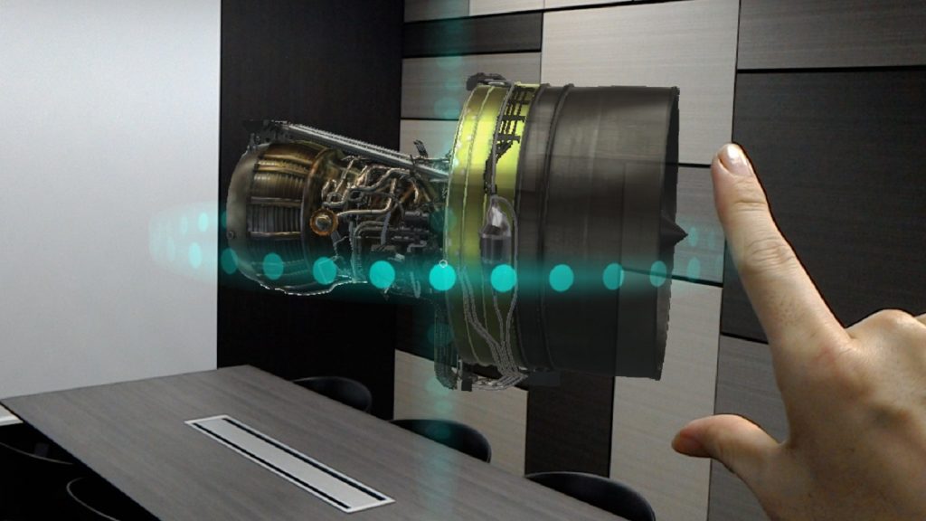 Part of an airplane engine as seen through Microsoft HoloLens. Photo courtesy of JAL.