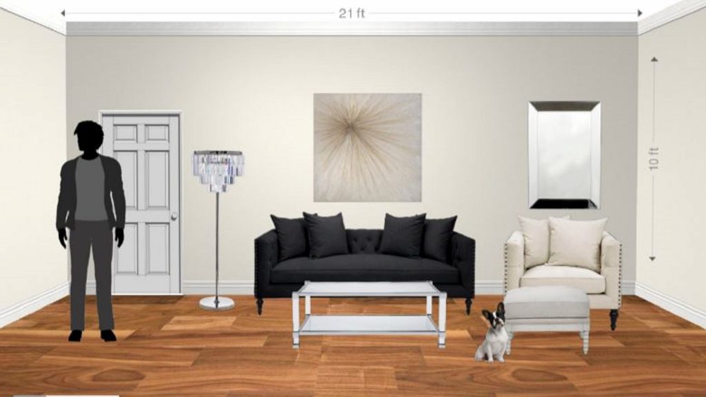 Screenshot of Tangiblee tool on the Z Gallerie website. Image shows a living room mockup with a softa, table, lamp, wall art, door, person and bulldog.