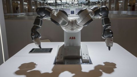 ABB's YuMi robot with arms still at the sides.