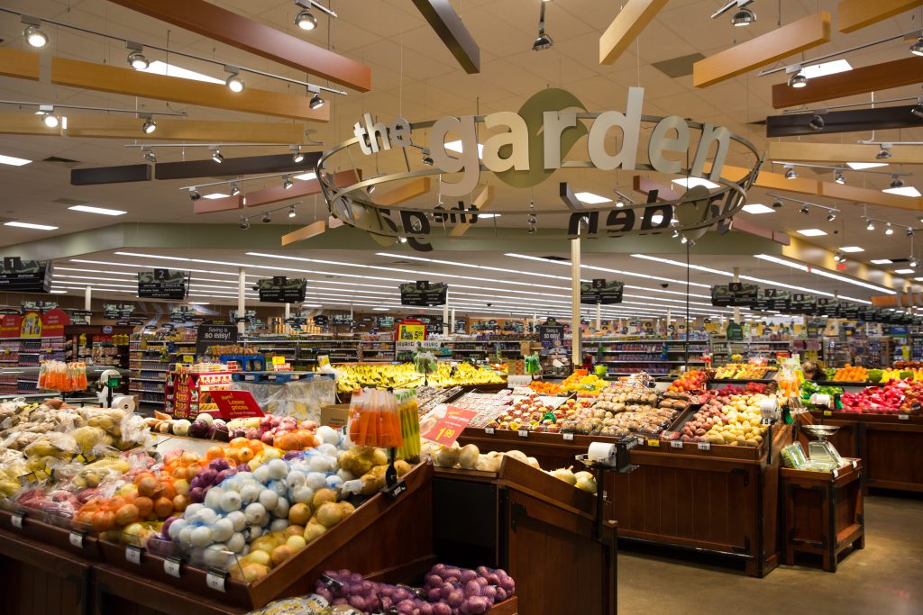 LED lights above a produce section in a Kroger store. 