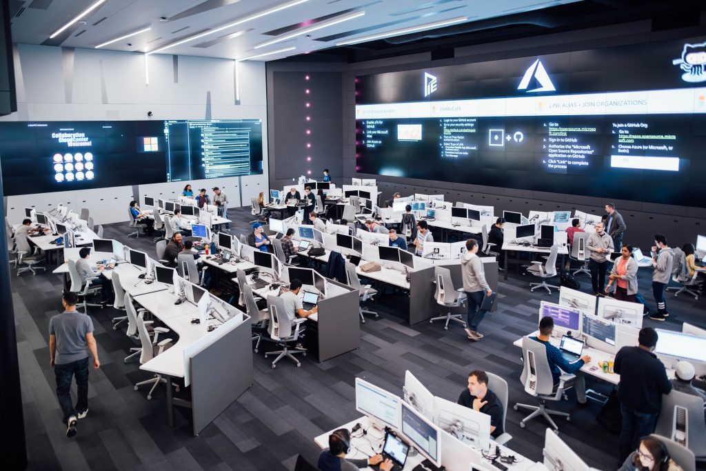 A photo of an employee hackathon at the Cloud Collaboration Center.