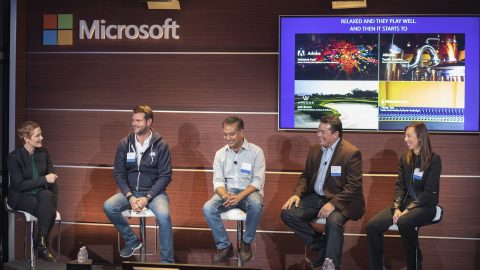 At the Conversations in AI event, Microsoft CVP of Azure Julia White leads a panel discussion with (left to right) Tassilo Festetics, vice president, global solutions, Anheuser-Busch InBev; Abhishek Pani, senior director of AI product and data science, Adobe; Jack Brown, SVP of product and software, Arccos Golf; and Fiona Tan, SVP of customer technology, Walmart Labs.