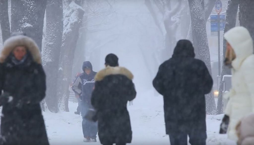 People in heavy coats walk outside on a snowy day.